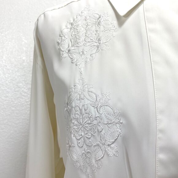 Vintage White Slinky Blouse Medium Front Placket Button Embroidery Career Formal - Picture 4 of 10
